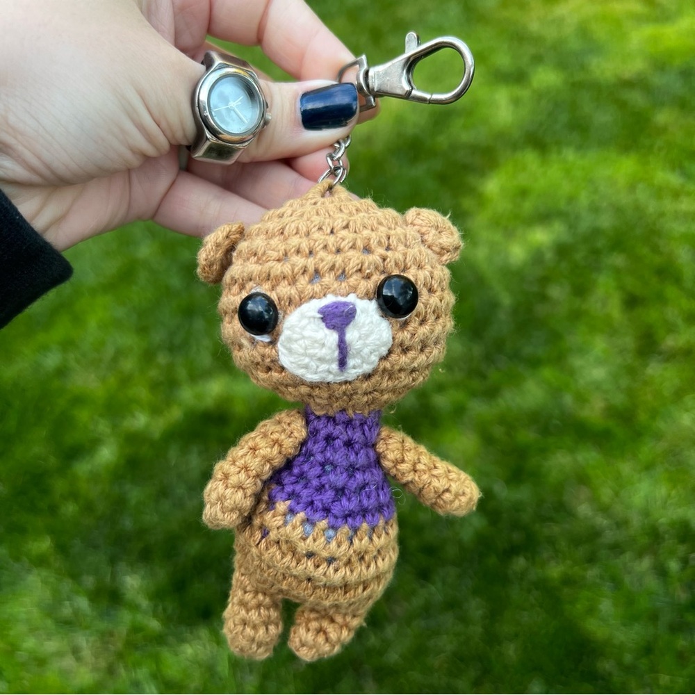 Handmade Hand Knitted Small Teddy Bear Keychain Brown and Purple Bag Charm 5"